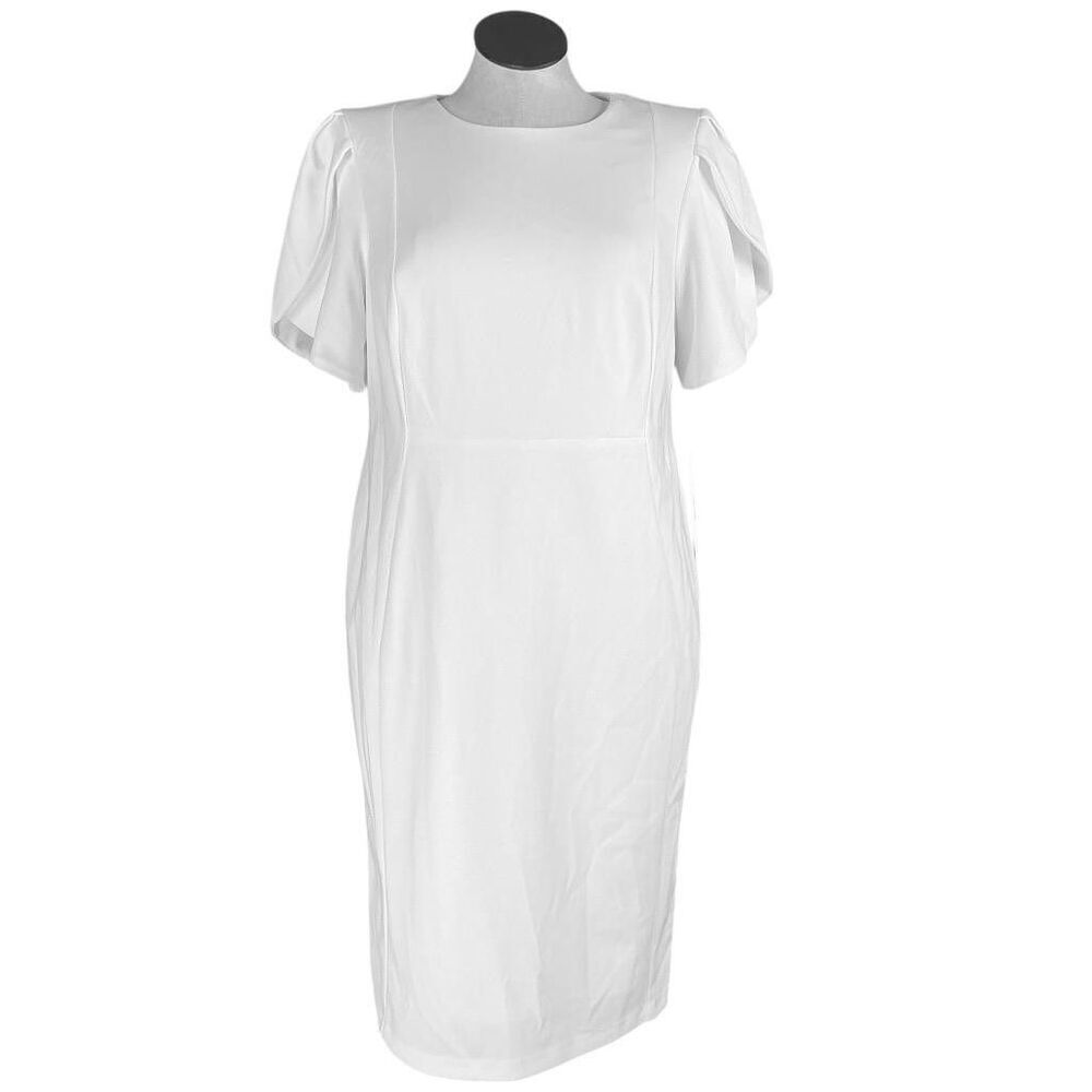 Calvin Klein Sheath Dress Womens 14W White Knit Tulip Sleeve Plus Size NEW